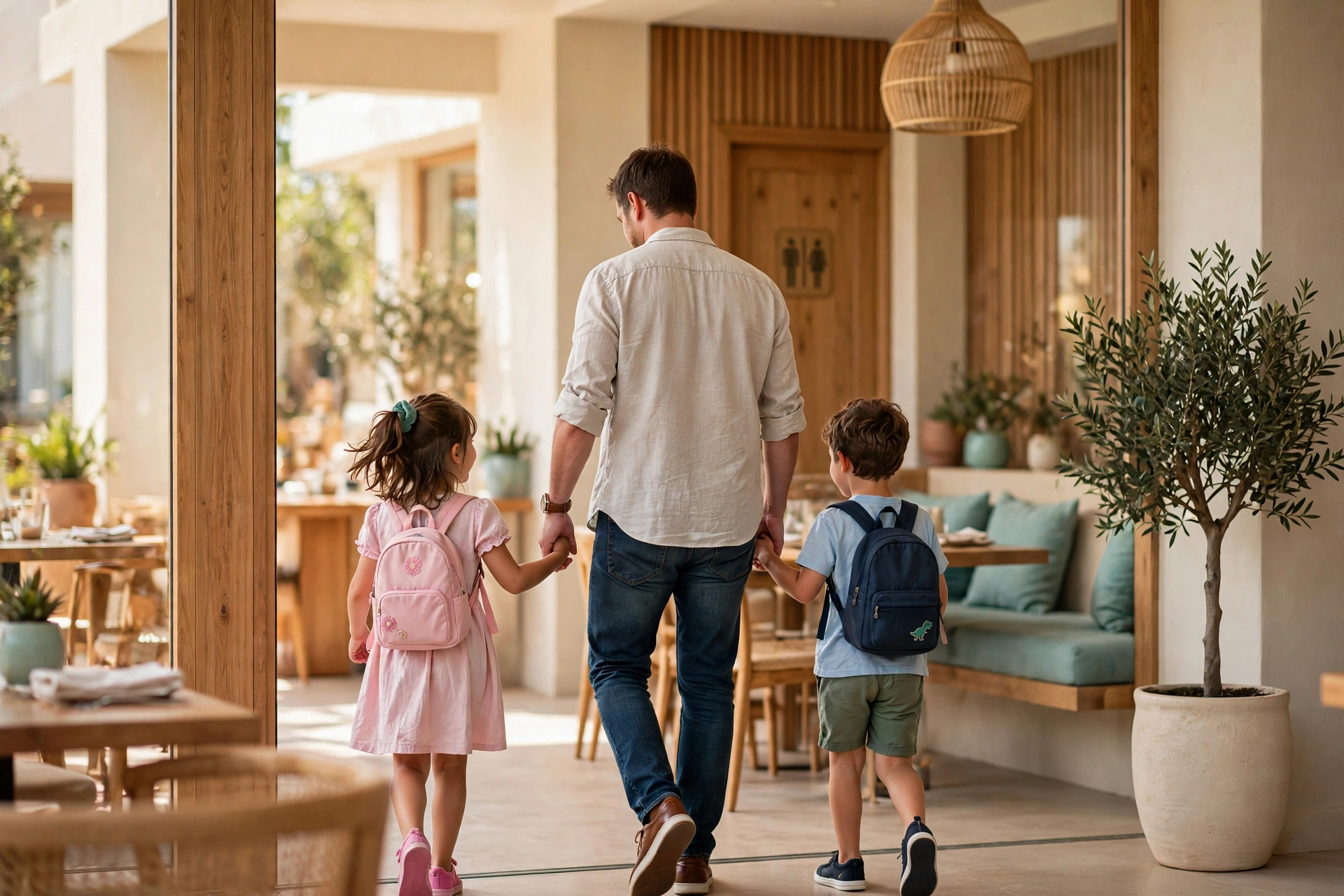 A father walking his two kids toward a restaurant restroom door