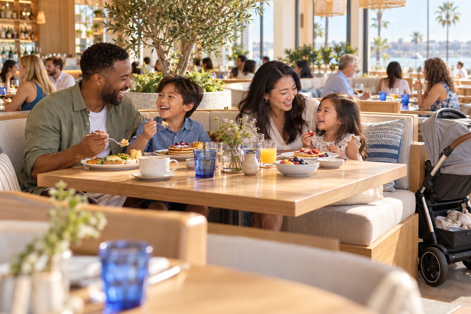 A family enjoying brunch together with a stroller beside their table