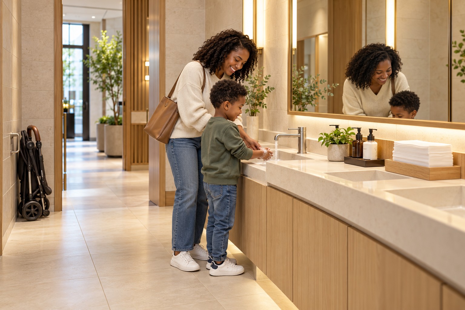 A parent helping her child wash his hands in a bright family washroom