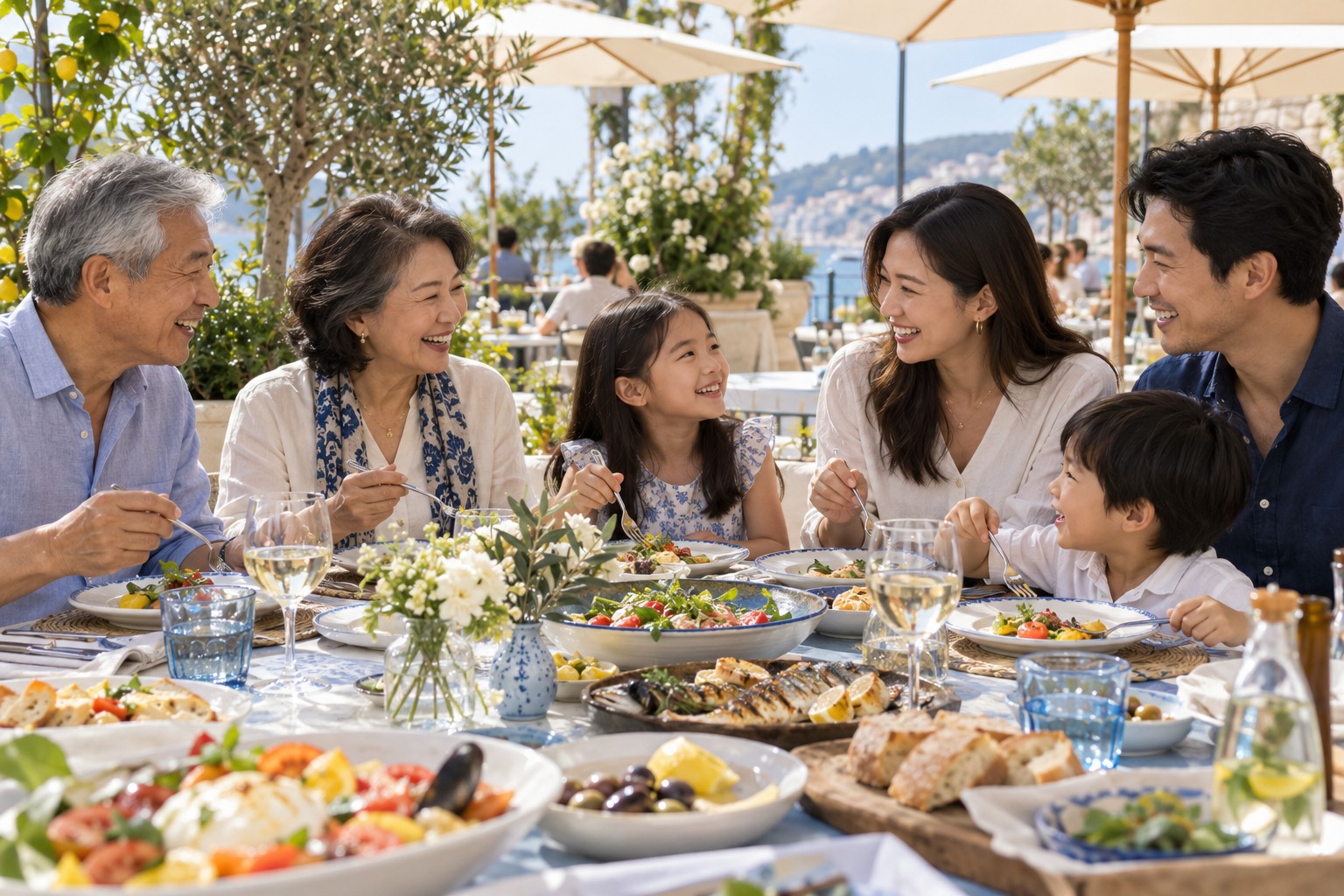Three generations enjoying lunch together on a restaurant terrace