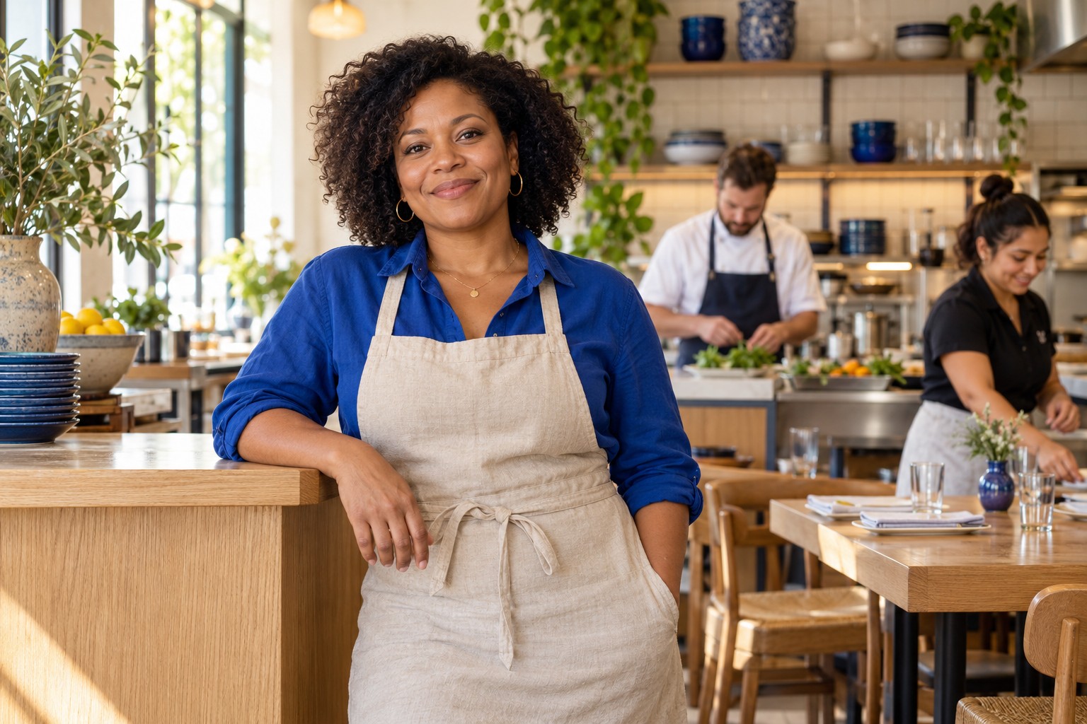 A neighborhood restaurant owner welcoming guests